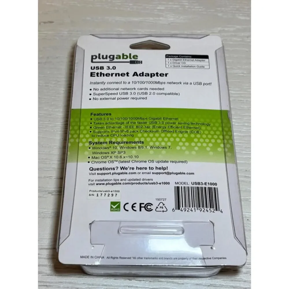 Plugable USB to Ethernet Adapter, USB 3.0 to Gigabit Ethernet, Supports Windows